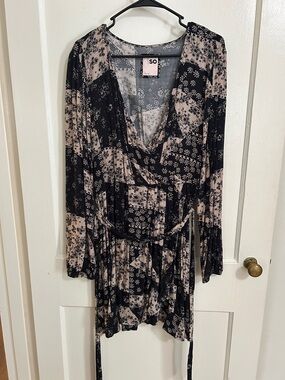 SO Black and Beige Floral Patchwork Midi Wrap Dress